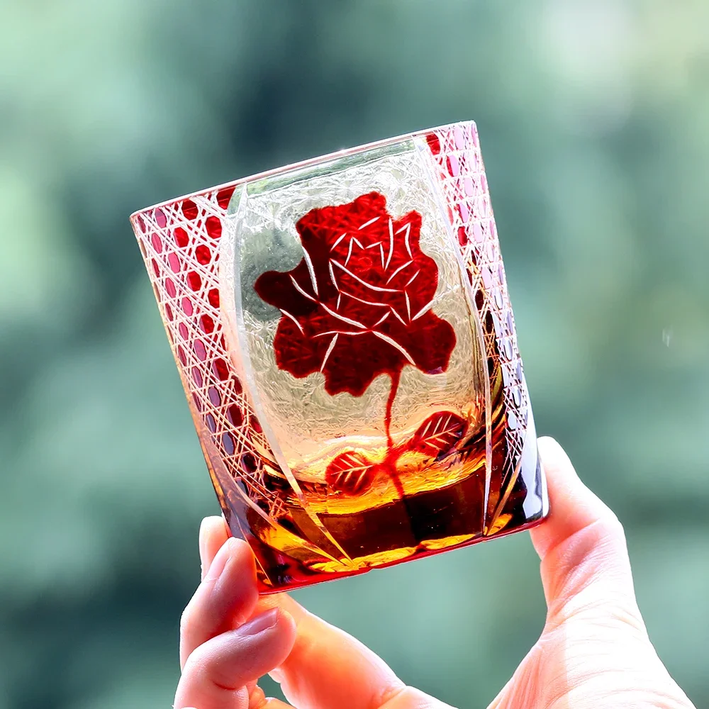 Rose Rose Hand Cut Crystal Romantic Whiskey Glass 240ml Edo Kiriko Tu with Gift Box New Design Trendy Drinkware for Fine Spirits