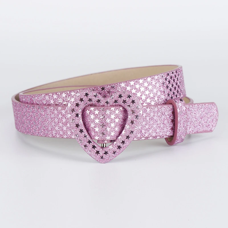 

Shiny Glitter Ladies Waist Belt Heart Pin Buckle Jeans Belts For Women Pu Waistbands Pink Silver Jeans Decorative Belt