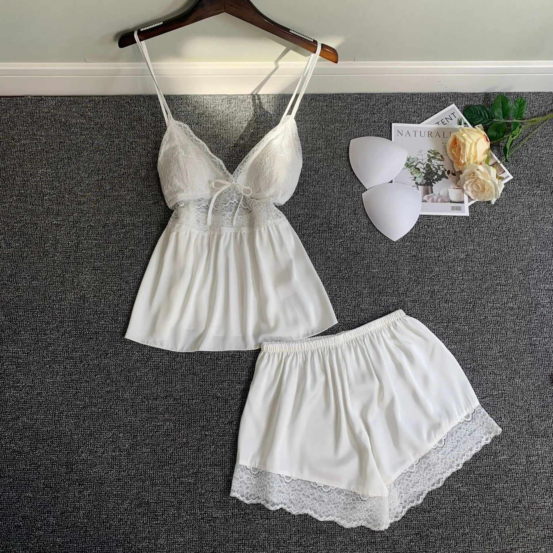 Women Pajamas Suit With Bow Sexy Lace Strap Top&Shorts Summer Sleeveless 2PCS Sleepwear Female Sleep Set Casual Home Clothes