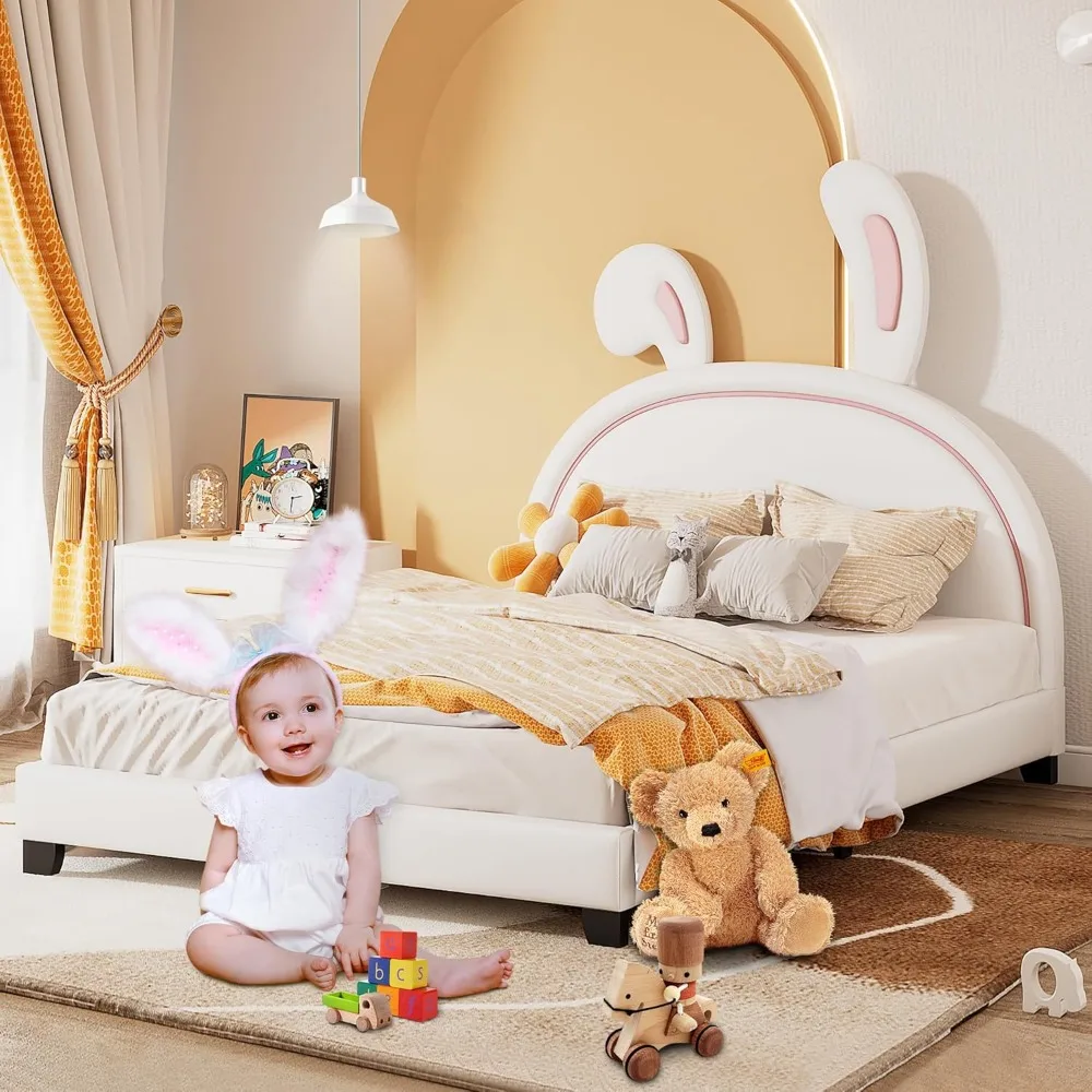 

Children bed. With rabbit headboard, with Flat noodles support, baby bed frame, children's bedroom, white, children's bed