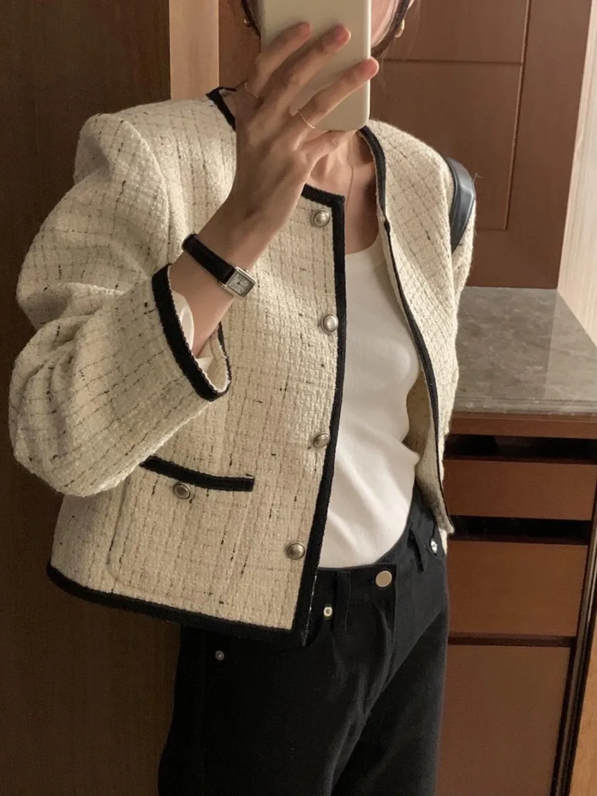 

Autumn Single Breasted Loose Mixed Color Long Sleeved Tweed Jacket Women Chic