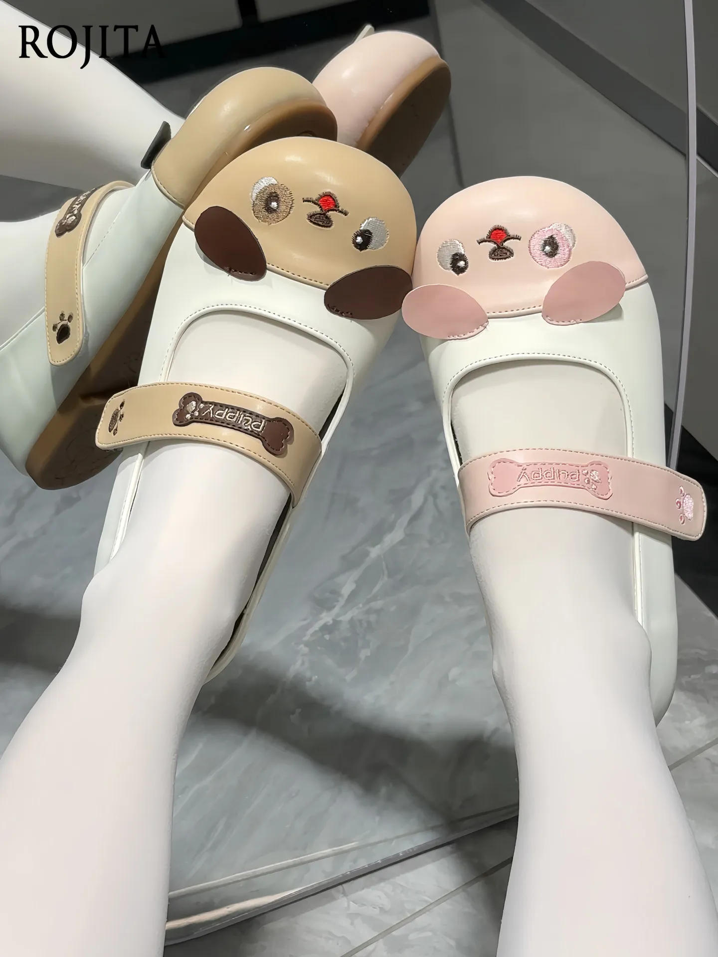 Cute Cartoon Puppy Mary Jane Shoes Women Flat 1cm Heel PU Leather Paw Strap Round Toe Casual Daily Flats