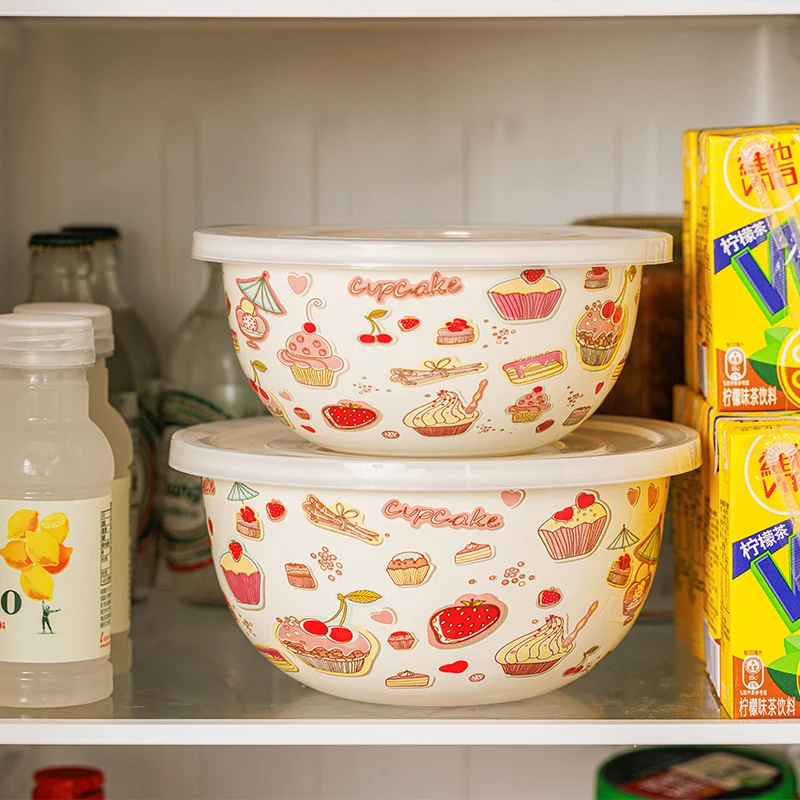 

Enamel Salad Fruit Bowl with Lid Cute Dessert Pattern Ramen Bowl Household Noodles Enamel Kitchen Tableware Rice Bowl Set