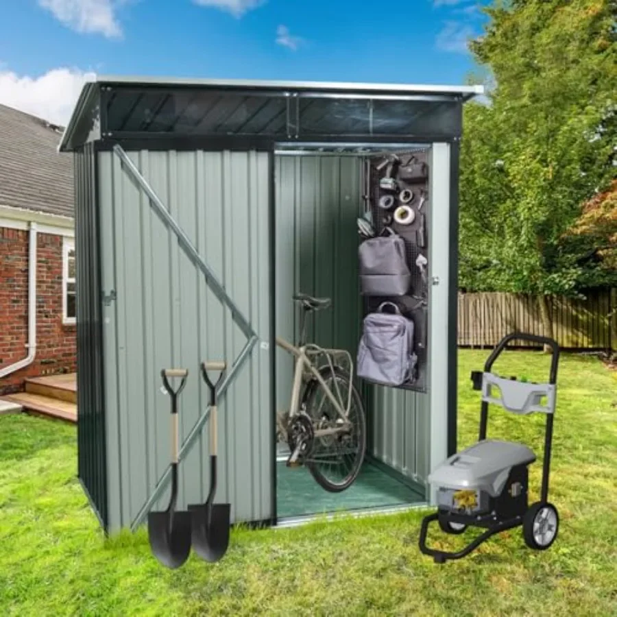 Outdoor metal storage shed for patio, lawn garden: 5ft x 3ft, transparent endurance plate, gray, weather-resistant with hinged