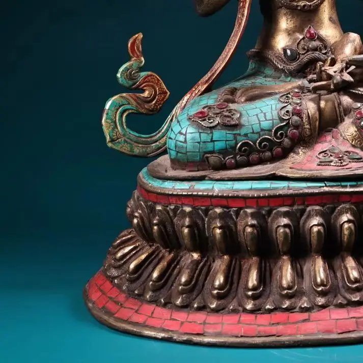 

Old Bronze Outline in gold Mosaic Gem Turquoise Vajrasattva Buddha Lotus Platform Worship Hall