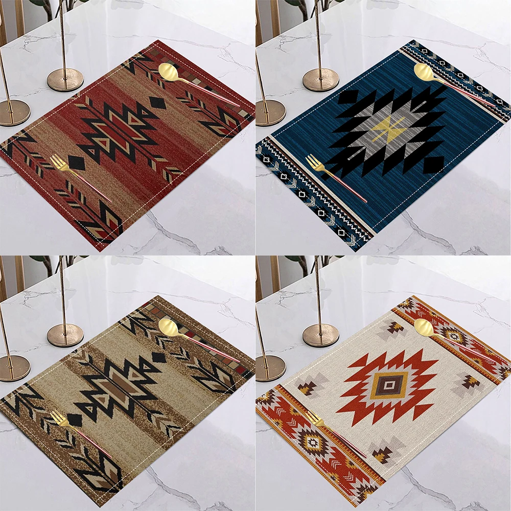 Retro Geometric Print Placemats Non-Slip Table Mat Dining Table Mat Linen Place Mat for Gathering Home Dinner Party Table Decor