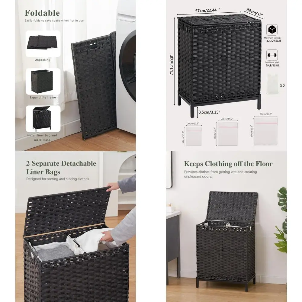 

Handwoven Rattan Laundry Hamper, 112L with Lid, 2 Removable Liner Bags, Metal Feet, 6 Mesh Bags, 2-Section Organizer for Home, B