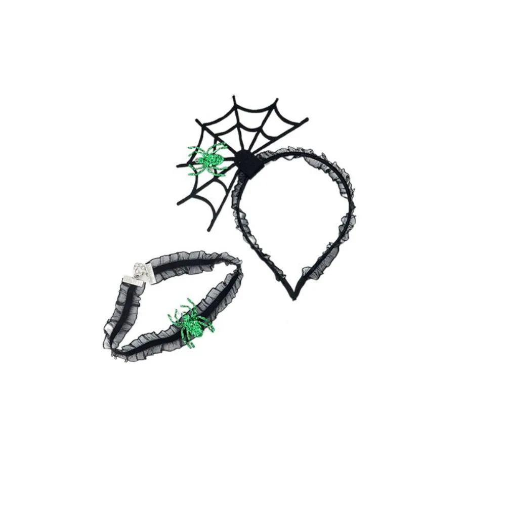 Personality Black Halloween Headband Mesh Hollow Hairband Necklace Set Ruffles Cosplay Props Spider Web Hairband Girl