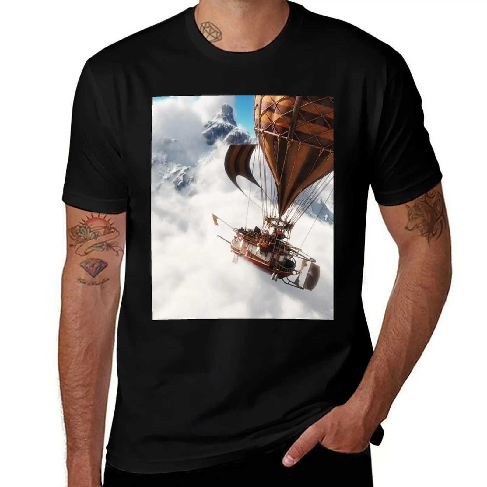 

snow airship through mountains balloon craft a concept of Fantasy steam with powered clouds sailing of sea a cap in back T-Shirt