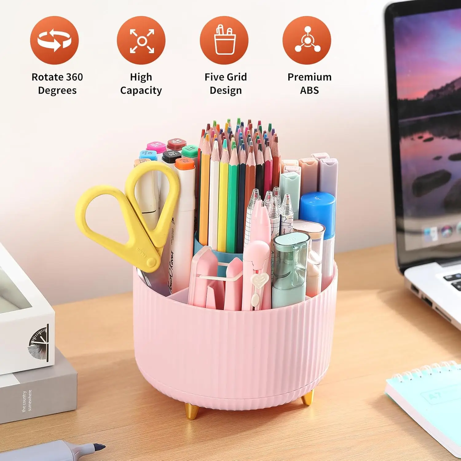 

1pcs 360-Degree Rotating Desk Organizer Pen Holder with 5 Compartments - Desktop Storage Accessory for Pens Pencils F7862