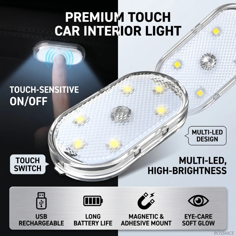 1/2Pcs Wireless LED Touch Light USB Rechargeable High Brightness Mini Car Roof Reading Light Car Interior Night Light