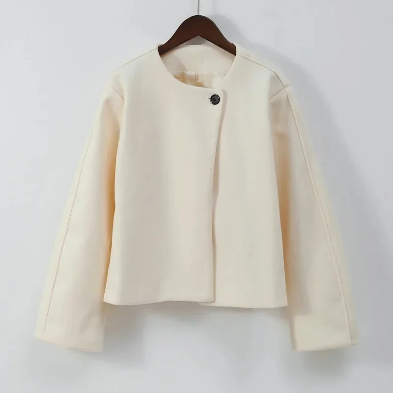Fashion Women Solid Round Neck Short Coat Elegant Full Sleeve One Button Loose Women's Jacket Fall Winter Daily Wear