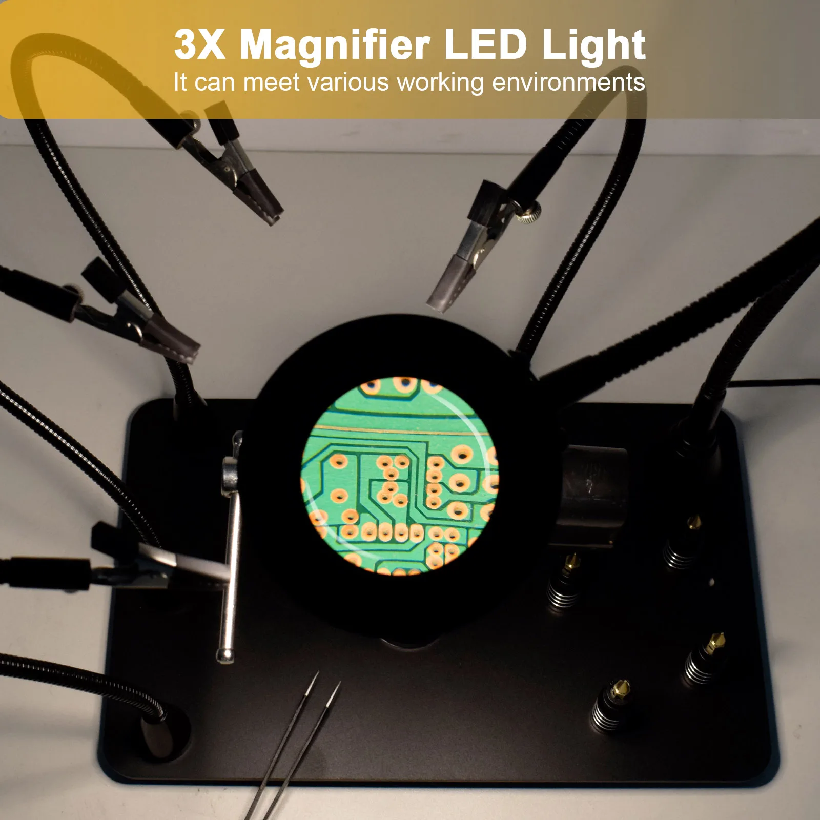 Magnetic Helping Hands Soldering Station with 3X LED Magnifying Lamp 4 PCB Circuit Board Holder 4 Flexible Magnetic Helping Hand