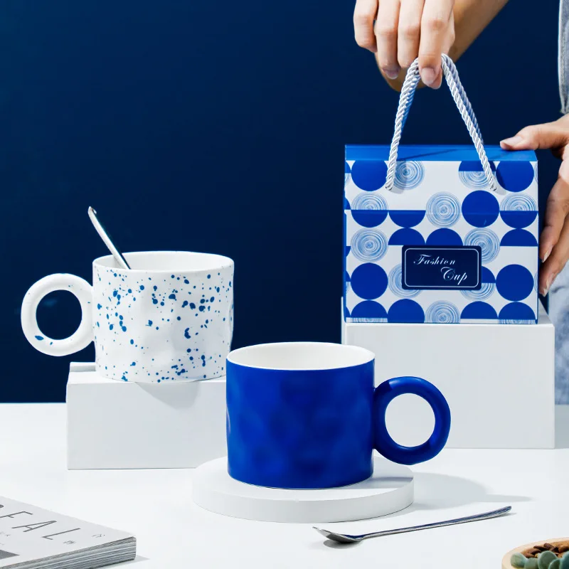 

450ml Ceramic Coffee Creative Mug With Gift Package Klein Blue And Pointillism Mug Water Cup Breakfast Oatmeal Cup Festival Gift