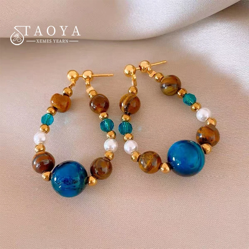 Natural Tiger Eye Stone Contrasting Color Imitation Crystal Blue Beads Hanging Earrings For Women Trendy Jewelry New Accessories