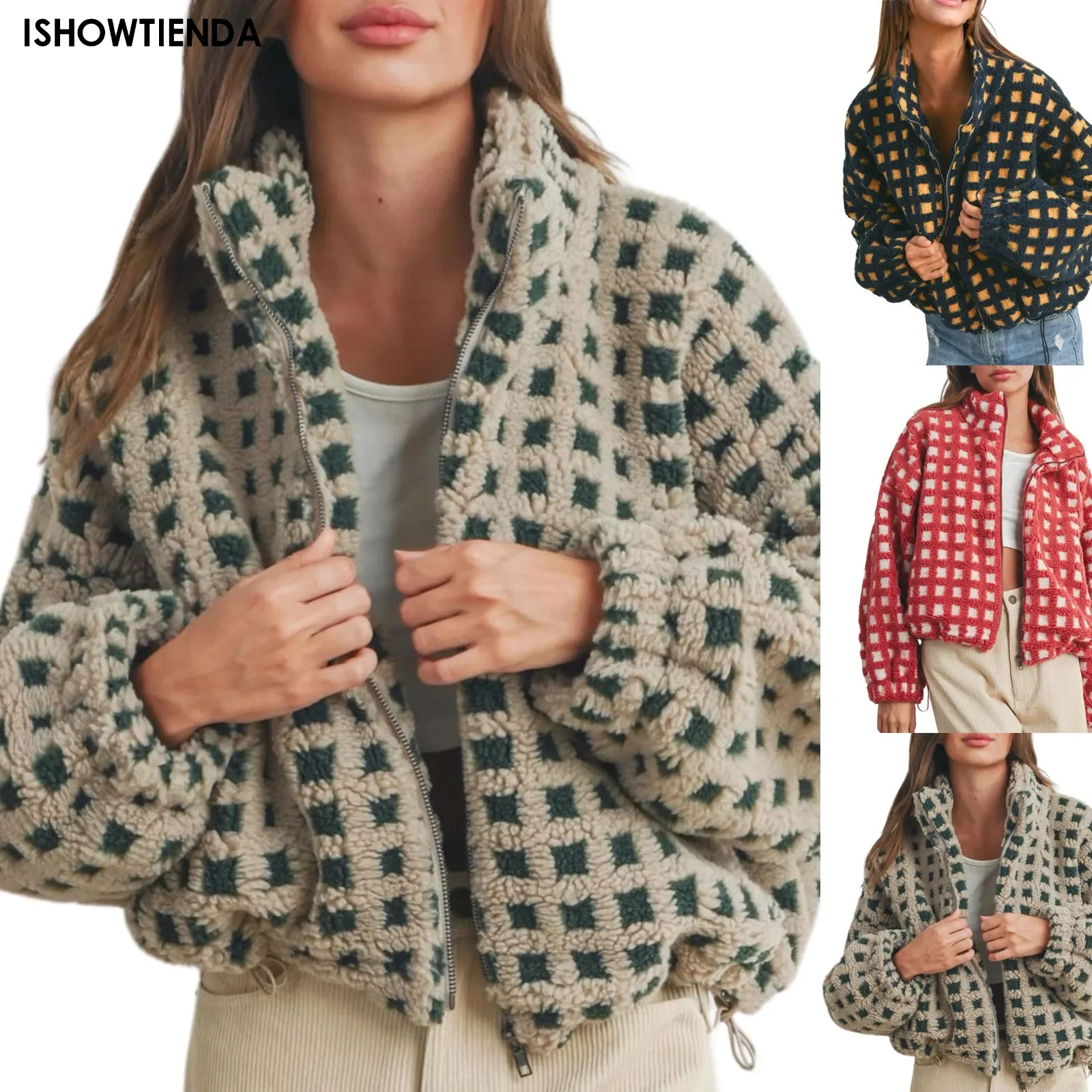 Womens Tartan Check Jacket Shacket Cardigan Coat Warm Fleece Plaid Jacket Outwear Lapel Long Sleeve Fashion Holiday Daily Coat