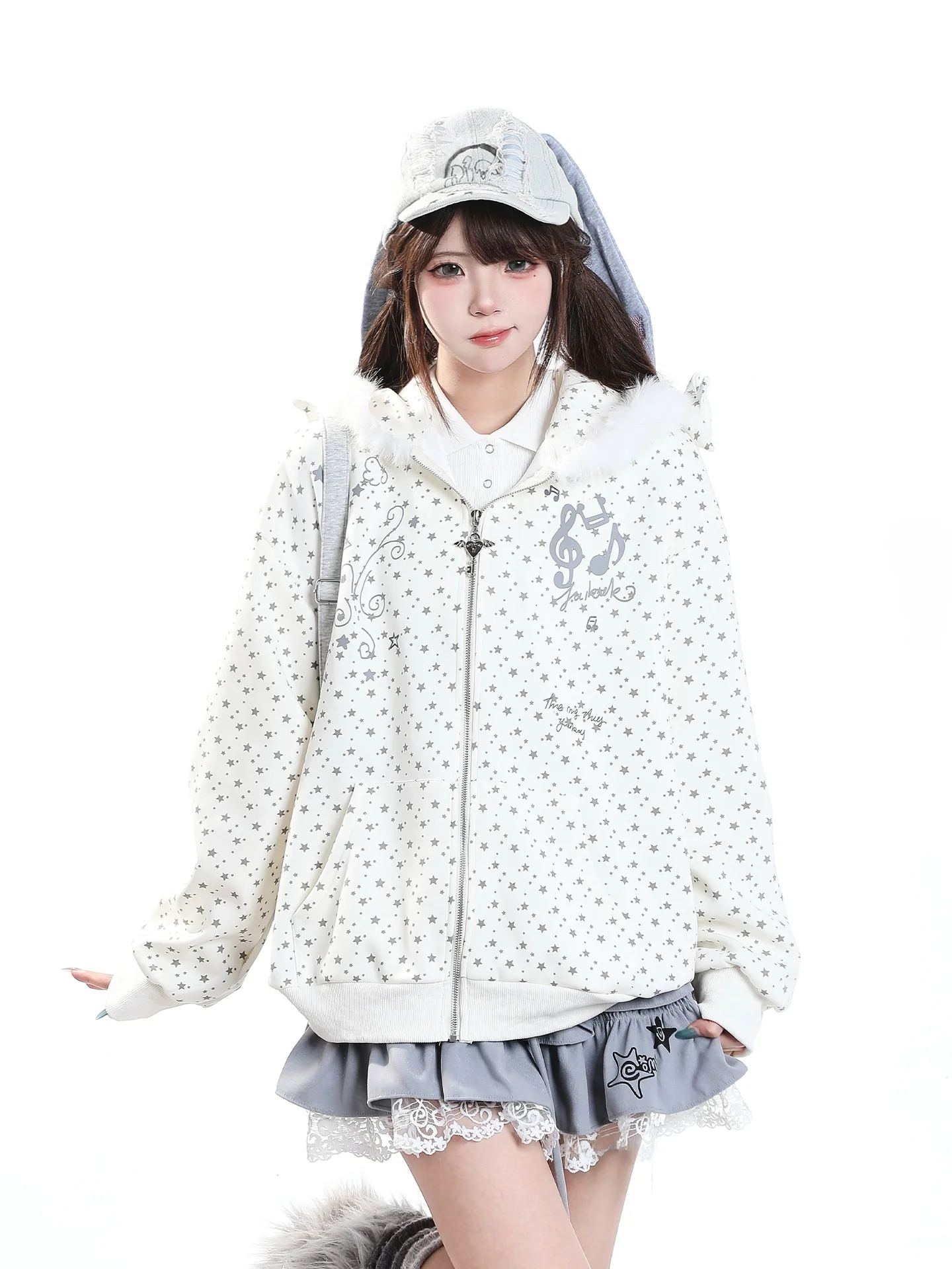 Korean Style Star Note Hooded Open Cardigan Sweatshirt Women's Loose Chic Unique Beautiful Outerwear Autumn Lazy Style