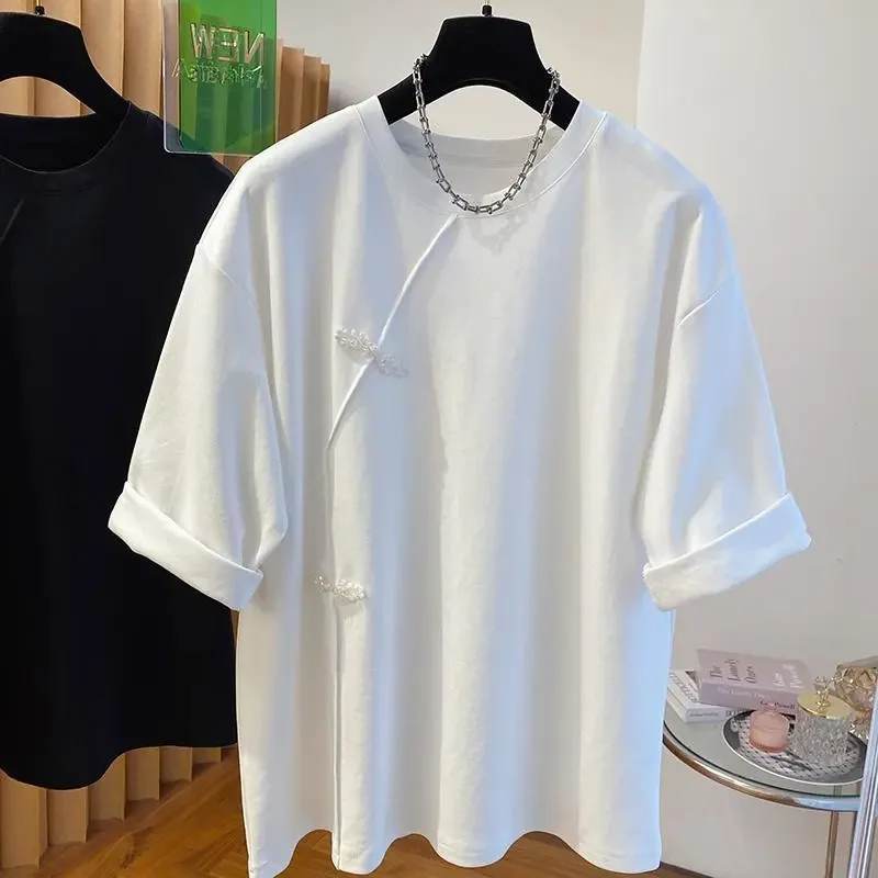 Spring Summer New Chinese Style Short Sleeves T-Shirt Women 2026 New Fashion Loose Tops Leisure Pure Colour Round Collar Female