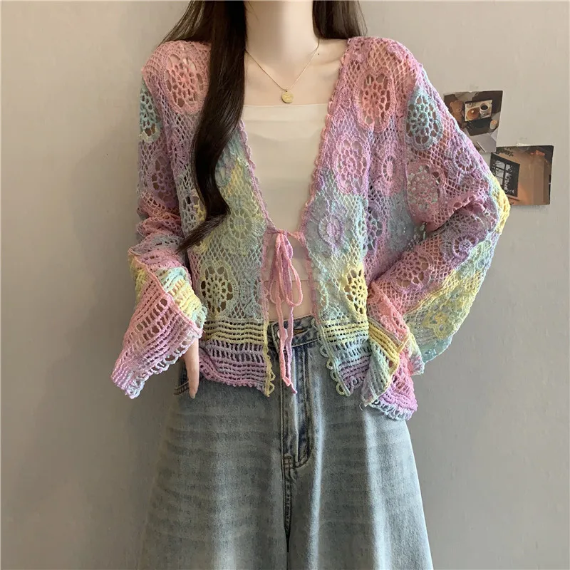 

Rainbow adient Dopne Knitted Long Sve Sun Protection Cover up Cardigan plus Size Women's Faion Spring Top