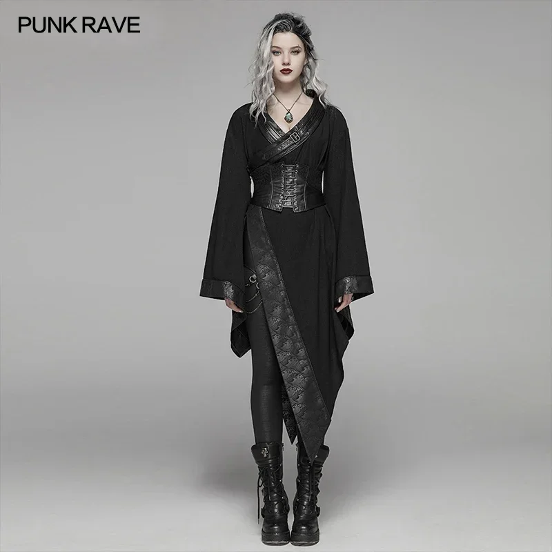 PUNK RAVE Women\'s Dark Punk Japanese Kimono Asymmetric Adjustable Party Club Stage Performance Irregular Personality Dress