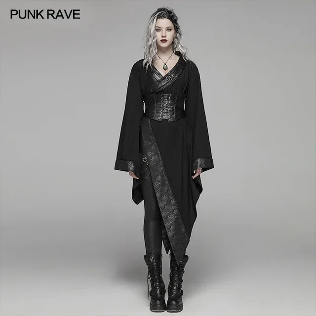 PUNK RAVE mujer oscuro Punk japonés Kimono asimétrico ajustable Fiesta Club actuación Irregular personalidad vestido