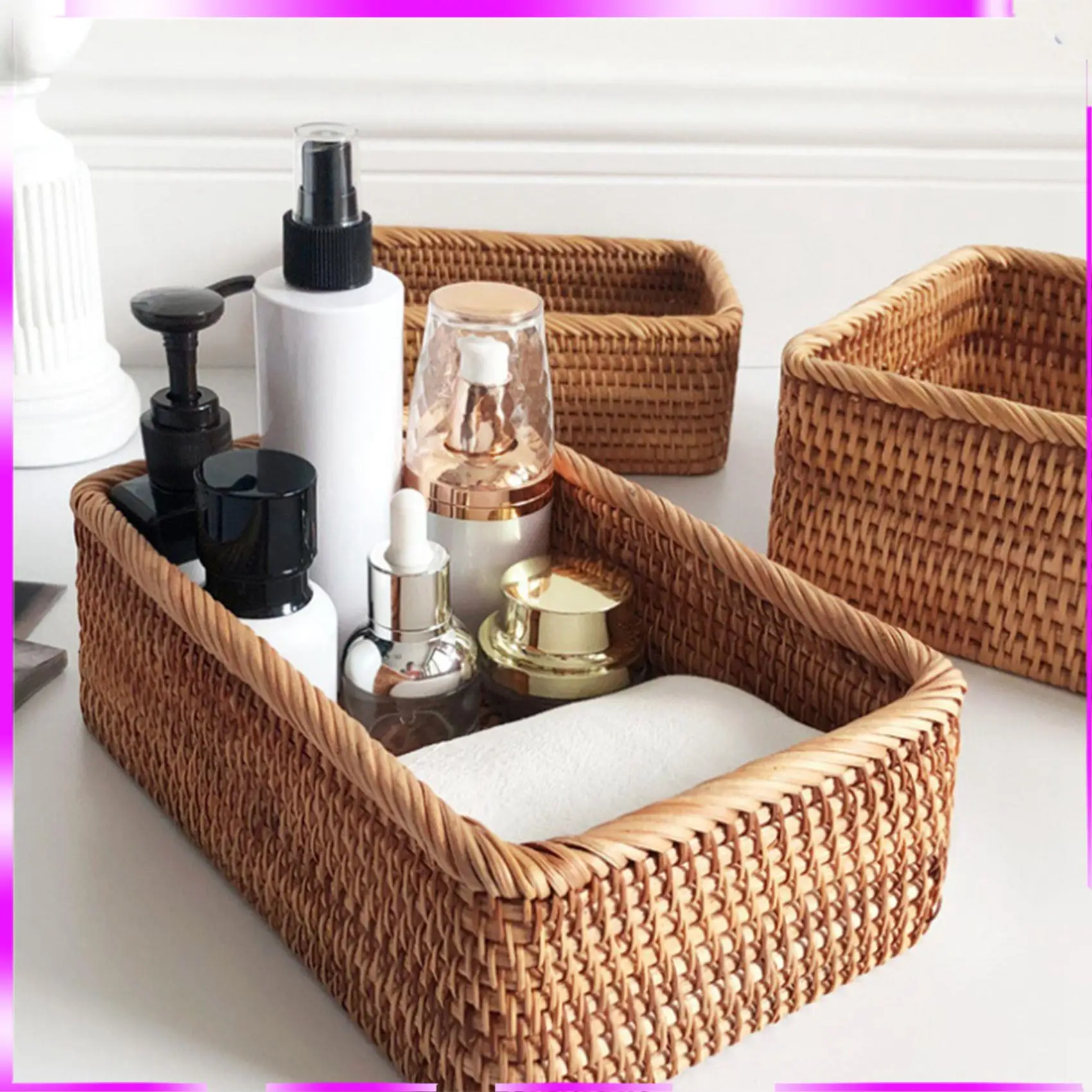 N98R 2X Hand-Woven Rectangular Rattan Wicker Basket Fruit Tea Snack Bread Picnic Cosmetic Box Kitchen Household Tools-L