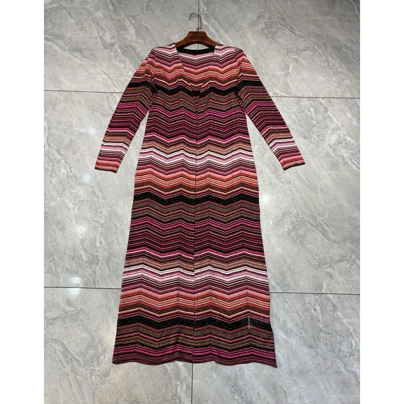 Women Metallic Chevron Pattern V-Neck Silhouette Knitted Cardigan Long Dress