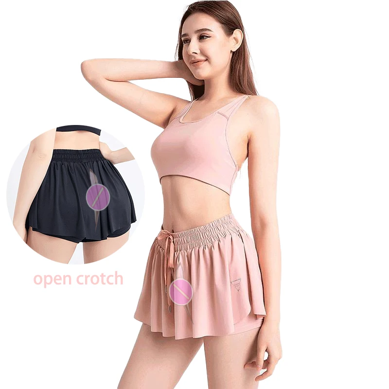 Woman Sexy Open Crotch Leggings Mini Shorts Zipper Crotchless Skirt Underwear Ruffle Edge Outdoor Sex Sport Slim Tight Club Pan