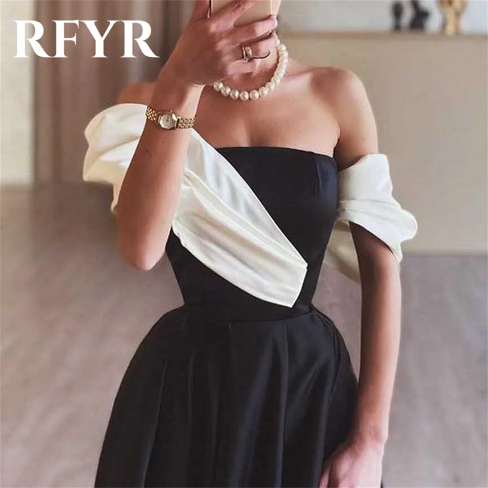 RFYR Black Evening Gown A-Line Strapless Prom Dress Off The Shoulder Pleats Stain Evening Dress with Side Slit robes de soirée