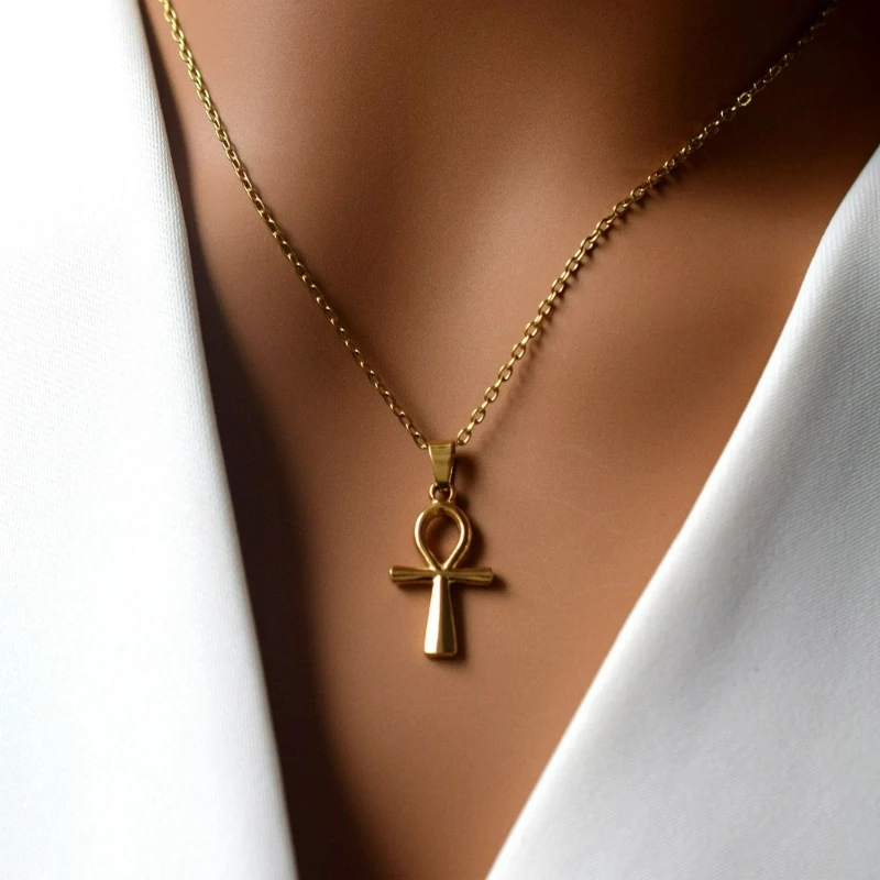 Vergoldeter Edelstahl-Anhänger mit ägyptischem Ankh-Kreuz und O-Gliederkette, anlaufbeständig, hypoallergen, religiöser Schmuck