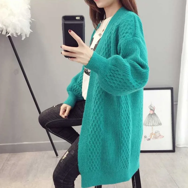 Women\'s Vintage Solid Color Sweater Cardigan 2023 Autumn and Winter Korean Loose Long Sleeve Office Lady V-Neck Knitted Coat