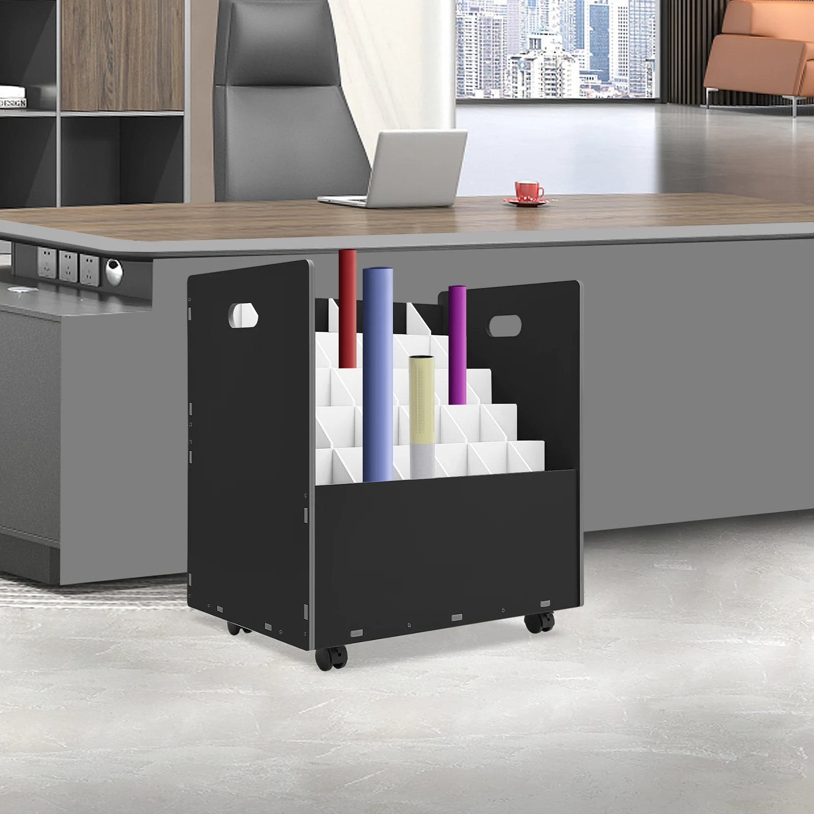 

30 Slots Roll Files Storage Cabinet with Wheels Mobile Roll File Organizer Rack 110.23lbs Load-bearing