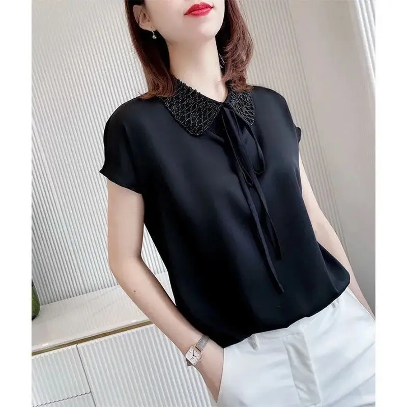 Summer New Fashionable Elegant Solid Blouse Spliced Gauze Peter Pan Collar Drawstring Loose Short Sleeve Women\'s Pullover Shirts