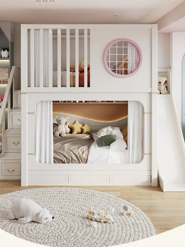 Modern Multifunctional High Children Beds Ladder Cabinet Safety Fence Bunk Children Beds Solid Wood