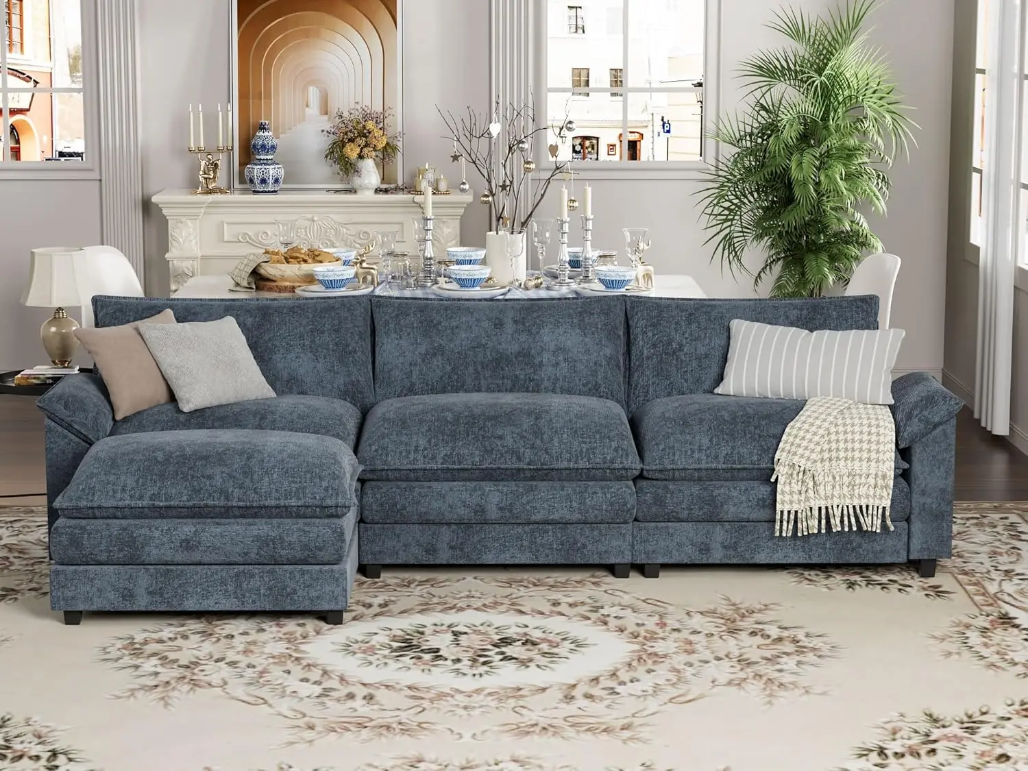 

Sectional Modular Sofa L Shaped Chenille Fabric Couch with High Supportive & Soft Sponges and Removable Ottoman