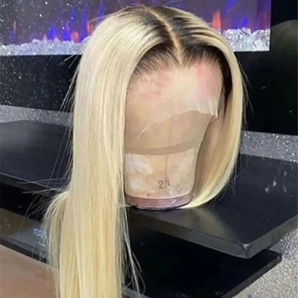 

Роскошный прямой светлый парик из высококачественного синтетического волокна с имитацией натуральных волос, коричневыми корнями, длинный, для костюмов, без клея, подарок для женщин