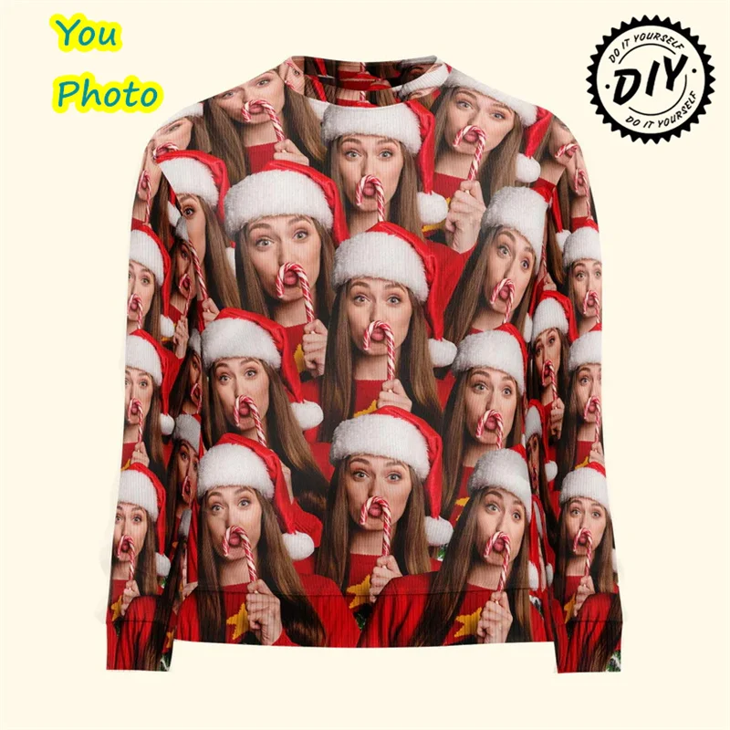 

Diy Image 3D Printed Photos Ugly Christmas Sweater Personalized Kawaii Pet Photo Sweatshirt Customize Face Family Gift Pullovers