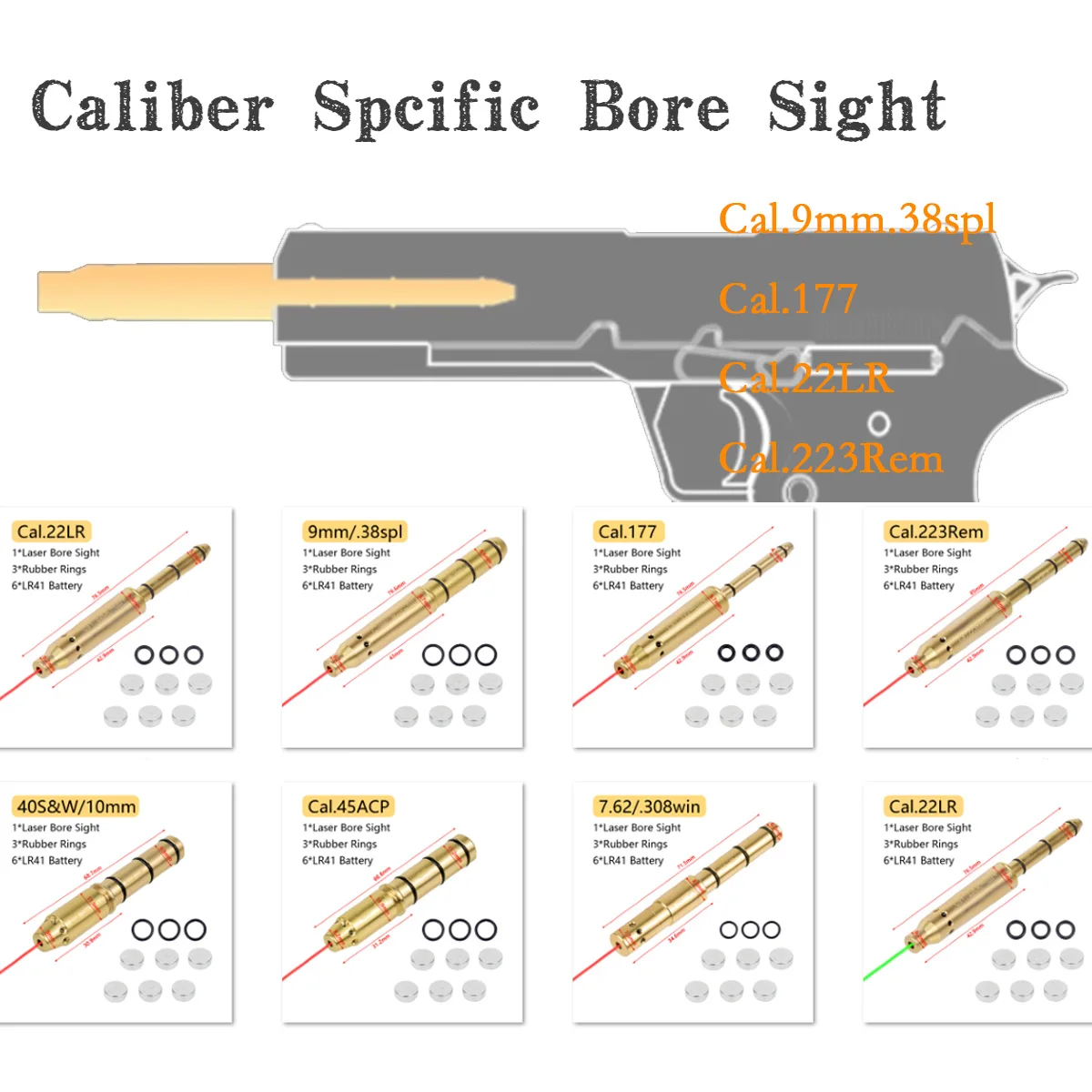 Tactical Red Laser Bullet Bore Sight 9mm .22LR .45ACP .223Rem 7.62 .38SPL .177 Caliber Barrel Revolver Pistol G 17 19 Taurus