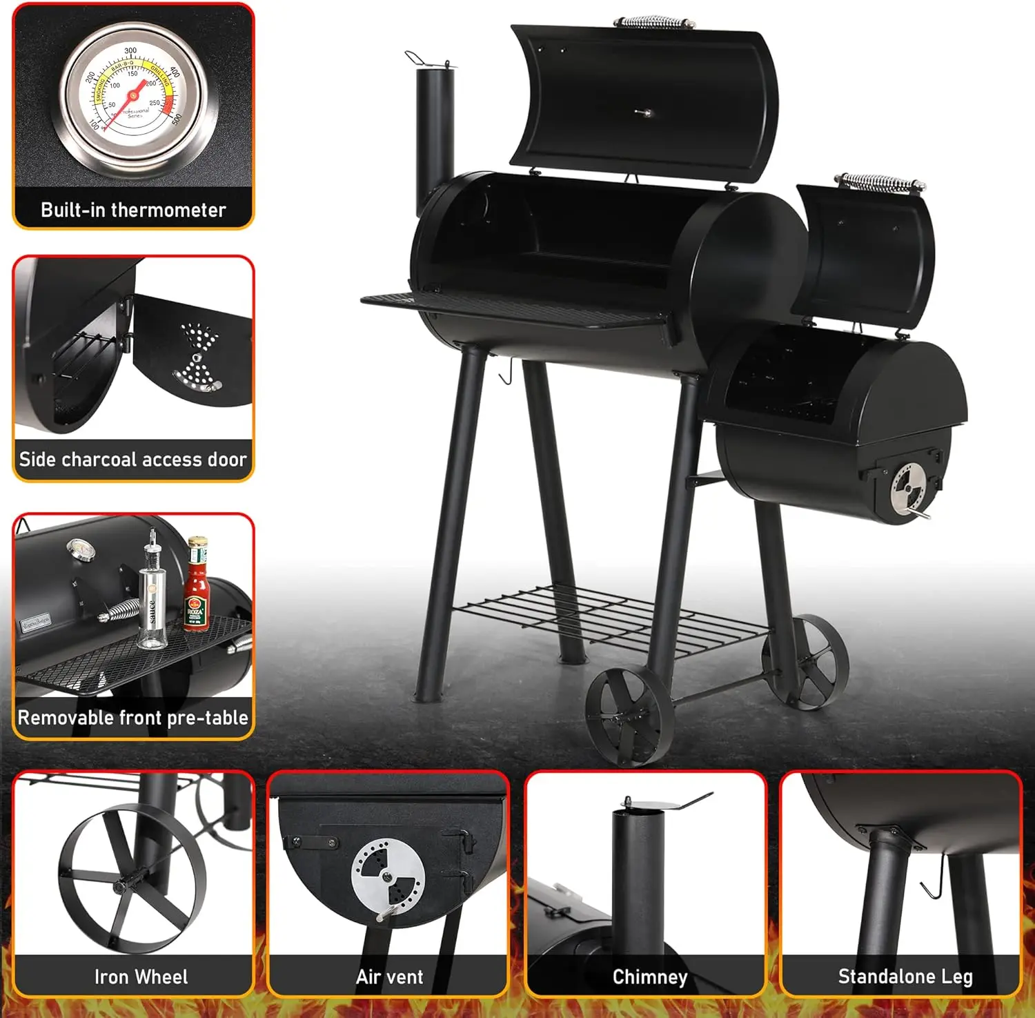 Heavy Duty Outdoor Smoker, BBQ Charcoal Grill with Offset Smoker, 512 Sq.In. Cooking Area for Barbecue Smoker, Black