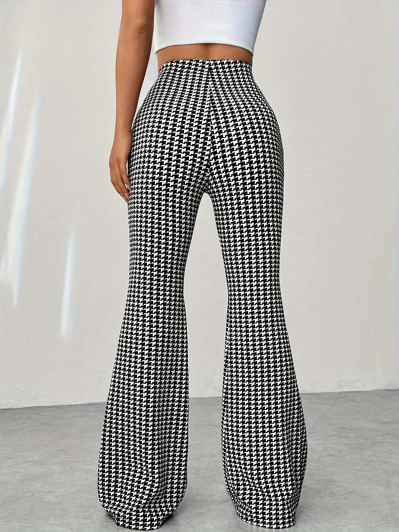 Elastic high waisted herringbone printed flared pants, fashionable casual pants, comfortable micro flared pants 2 Elastic high waisted herringbone printed flared pants, fashionable casual pants, comfortable micro flared pants 2