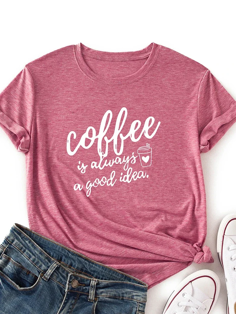コーヒーは良いアイデア レタープリント Tシャツ レディース 半袖 ラウンドネック Tシャツ 夏 レディース ルーズ Tシャツ トップ グラフィック Y2K