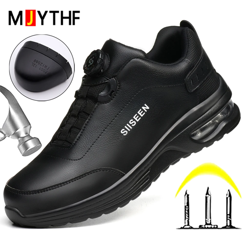 New Waterproof Safety Shoes Men Boots Rotating Button Work Sneakers Leather Shoes Anti-Smash Anti-Puncture Security Work Boots