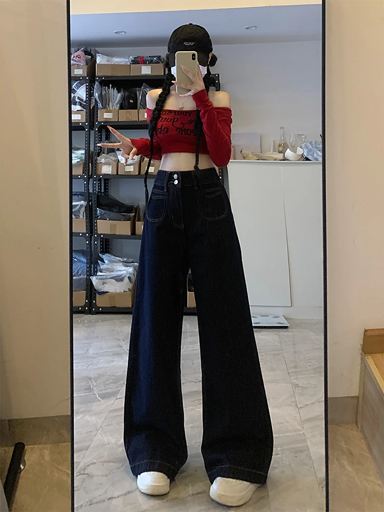 

Американские джинсы с высокой талией и широкими штанинами, женские, свободного кроя, длиной в пол, прямые, осень 2024, с эффектом похудения