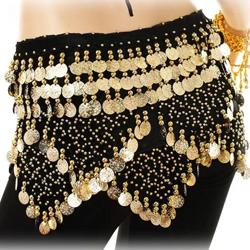 Kobiety Gold Coins Belly Dance Waist Belt Shiny Belly Dancing Hip Scarf Velvet Indian Dance Costume Oriental Hip Scarf Wrap Skirt