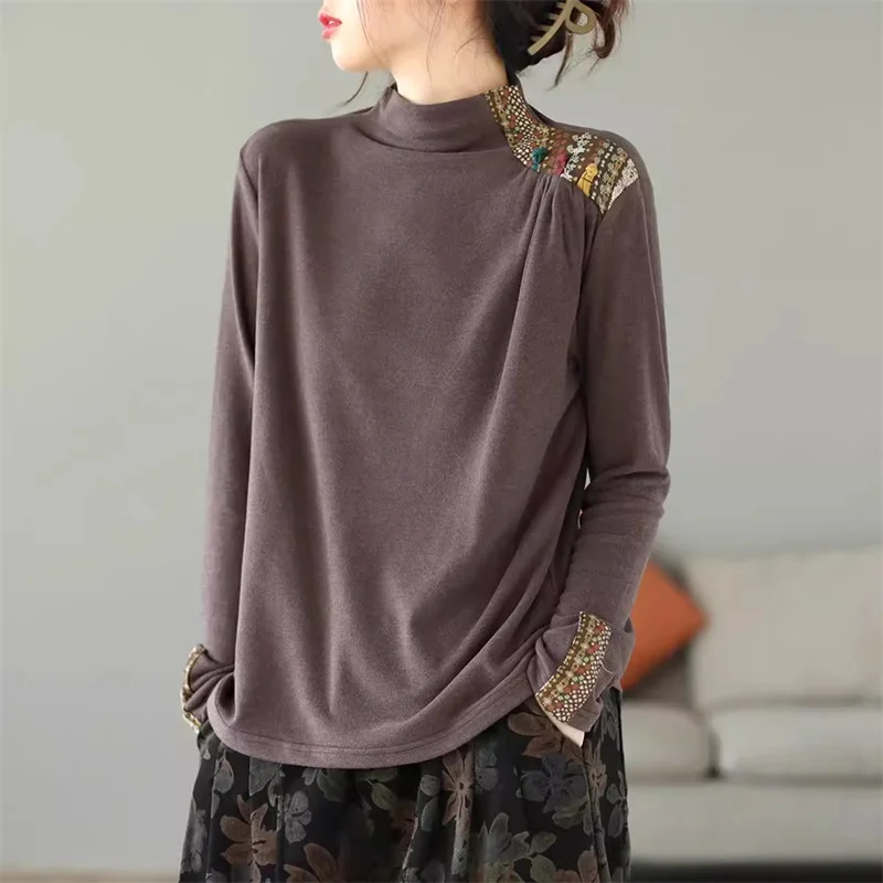 New Floral Print De Rong Underwear Women Frog Warm Velvet T-Shirts Autumn Winter T Shirt Tees Lady Long Sleeve Shirt Short Tops