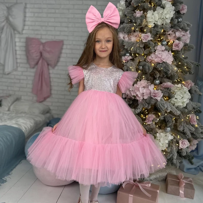 

2026 New Pink Tulle Girls Dress Princess Gown Kids Clothing Formal Party Celebration Evening Children Birthday Costume Eid Gifts