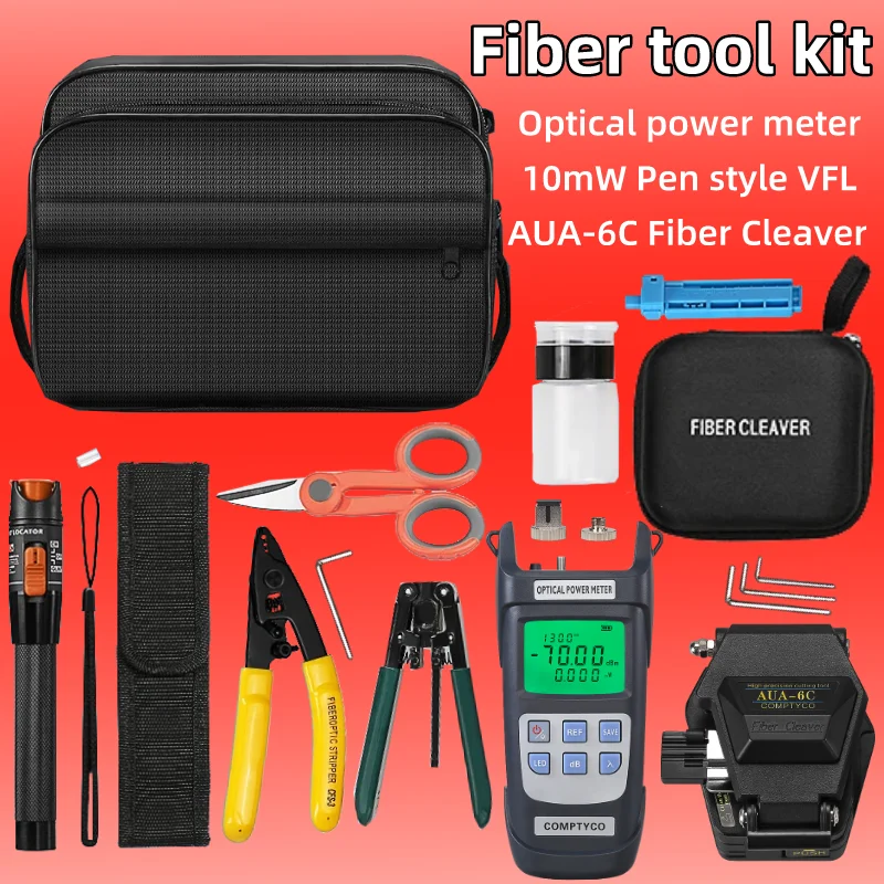 

FTTH Fiber Optic Tool Kit With AUA-6C Fiber Cleaver 10mw Visual Fault Locator Fiber Stripper Aramid Scissors Optical Power Meter