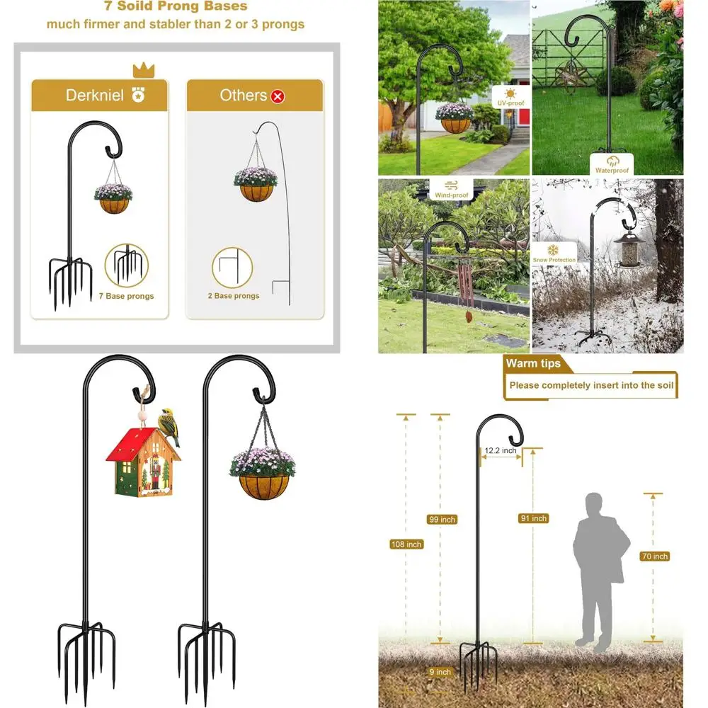 

Металлический садовый крюк-шест Shepherd Hook, 274 см, сверхпрочный, для подвешивания, для кормушек для птиц или корзин для растений, черный (2 шт.)