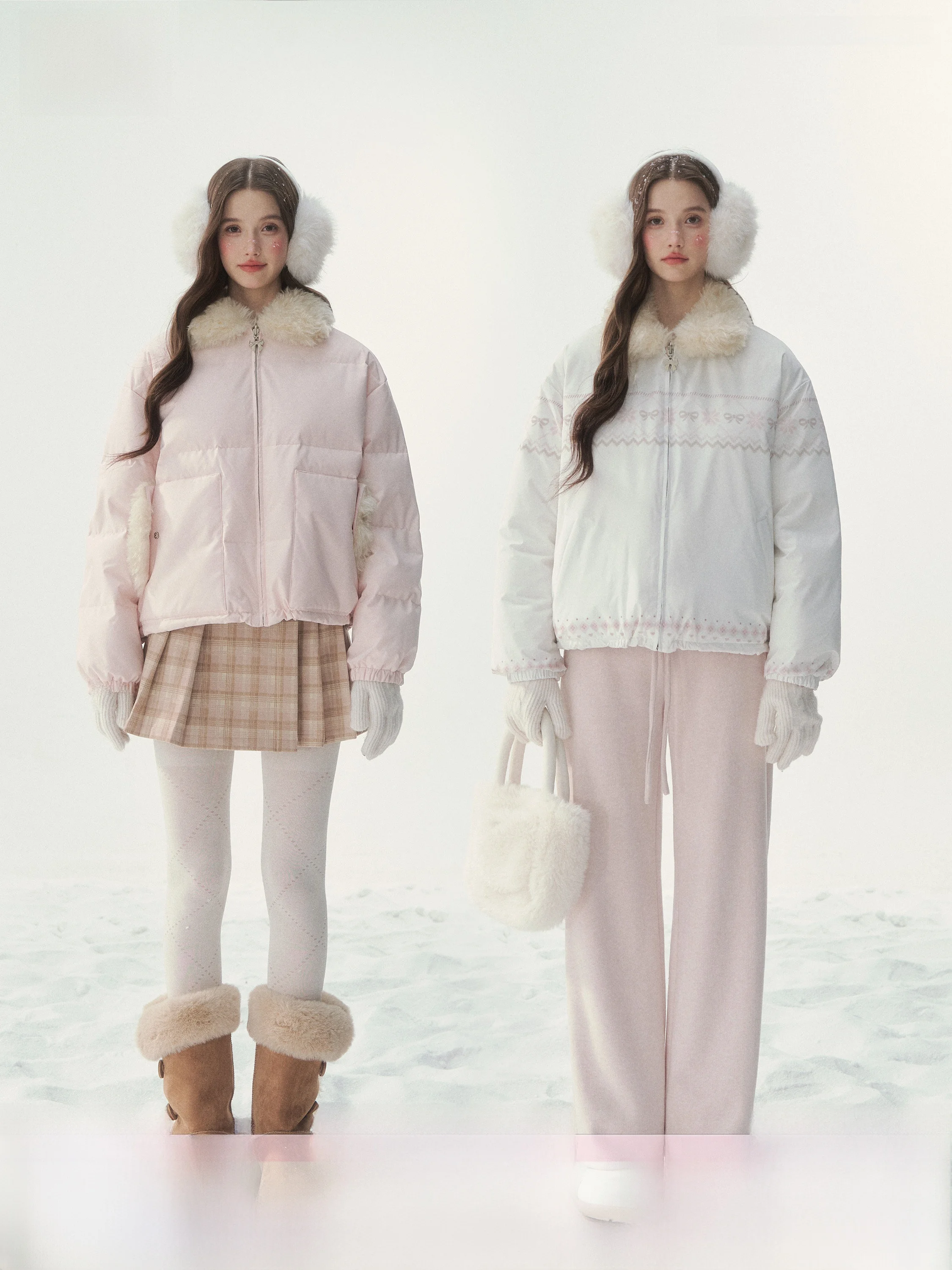 

Оригинальное двустороннее пальто SunsetPark Pink Fair Isle с 90% белым пухом, меховым воротником, теплой длинной молнией и длинными рукавами