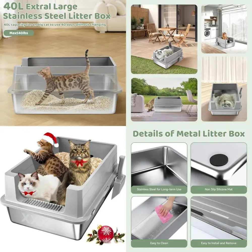 

Очень большой ящик для кошачьего туалета из нержавеющей стали размером 28x20x12 с высокими сторонами для нескольких больших кошек — защита от протечек, легко чистится (серый)